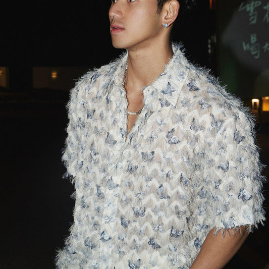 Textured Butterfly Print Short-Sleeve Shirt