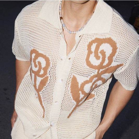 Cream Mesh Print Sweater and Shorts Set