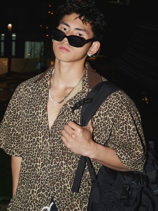 Leopard Print Short-Sleeve Button-Up Shirt