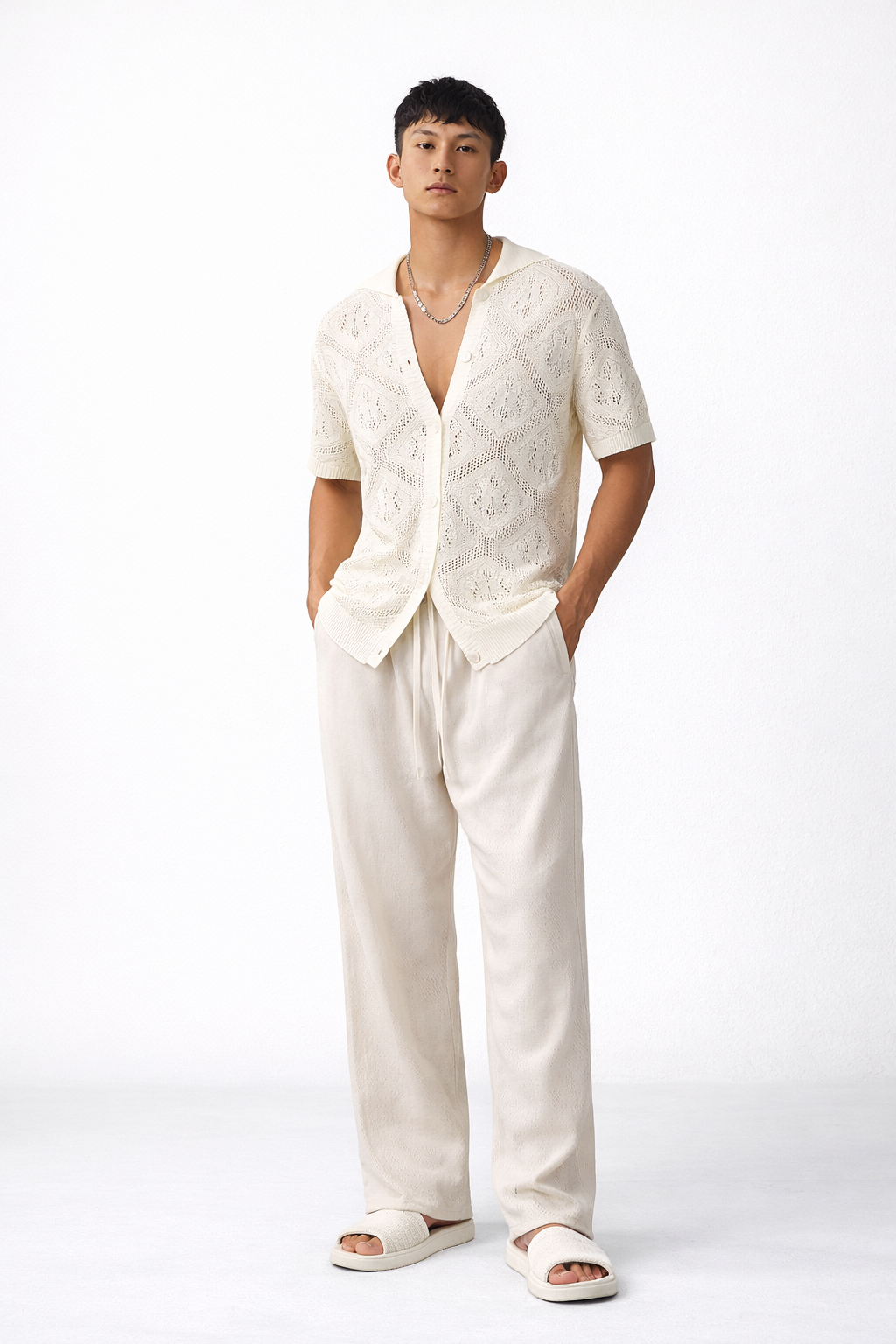 White Crochet-Style Button-Up Shirt