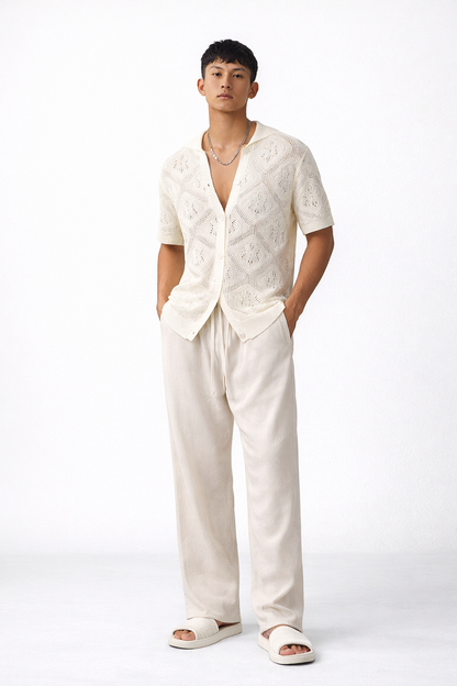 White Crochet-Style Button-Up Shirt