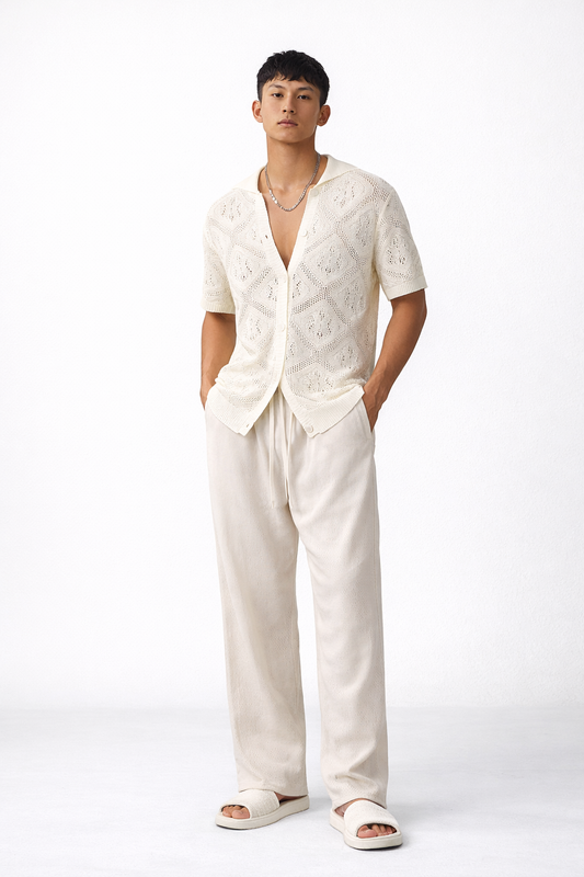 White Crochet-Style Button-Up Shirt