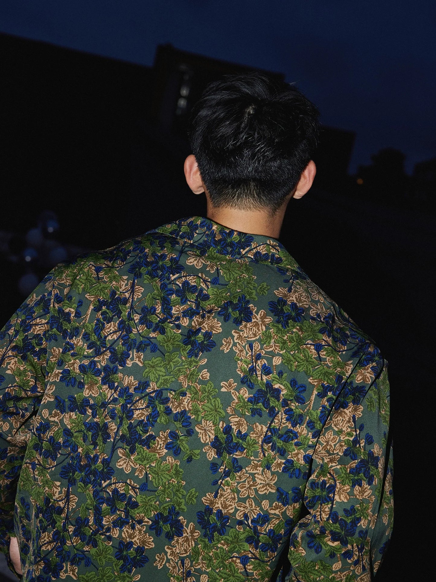 Green and Navy Floral Print Silk Shirt