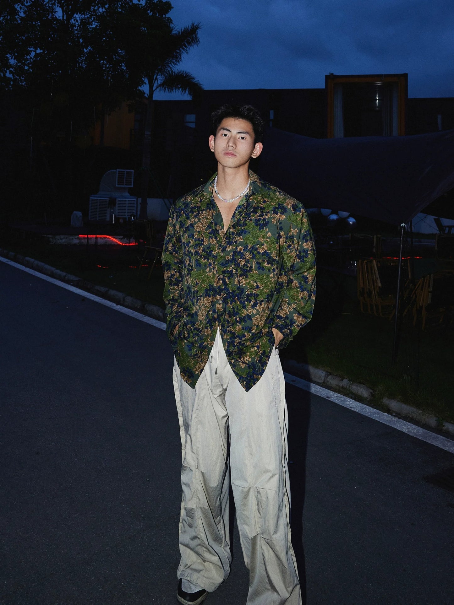 Green and Navy Floral Print Silk Shirt