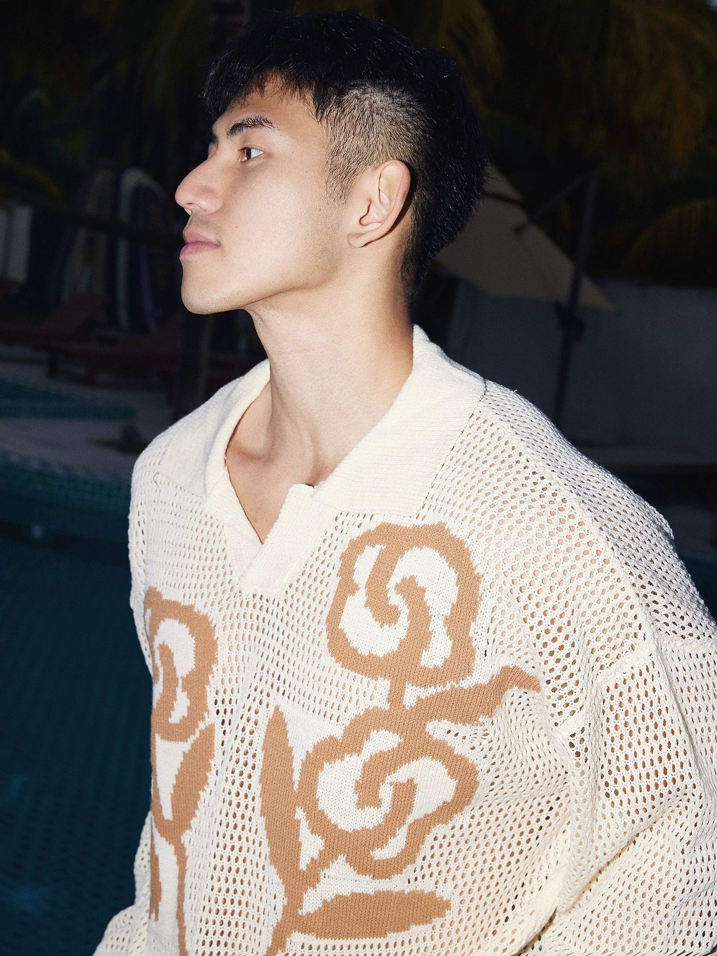 Cream Mesh Print Sweater and Shorts Set