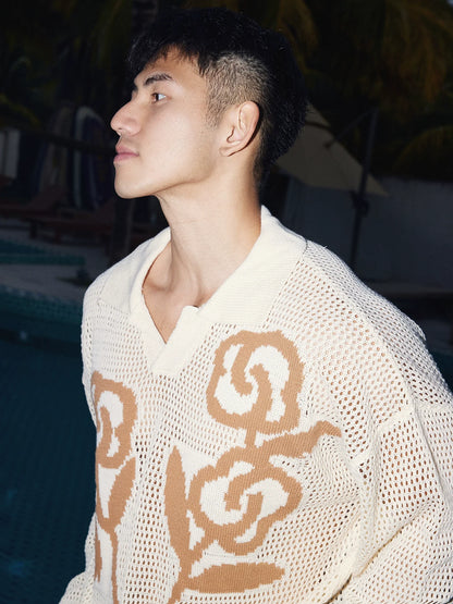 Cream Mesh Print Sweater and Shorts Set