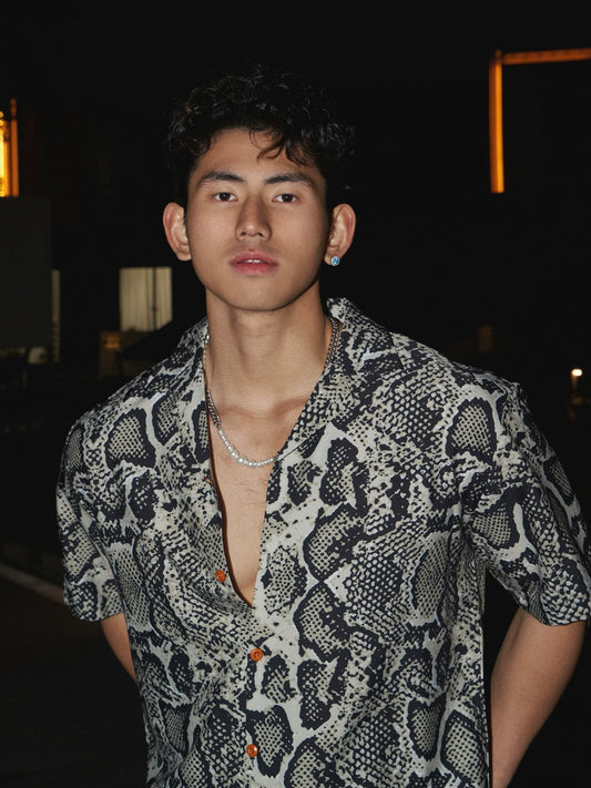 Short-Sleeve Snake Print Button-Up Shirt