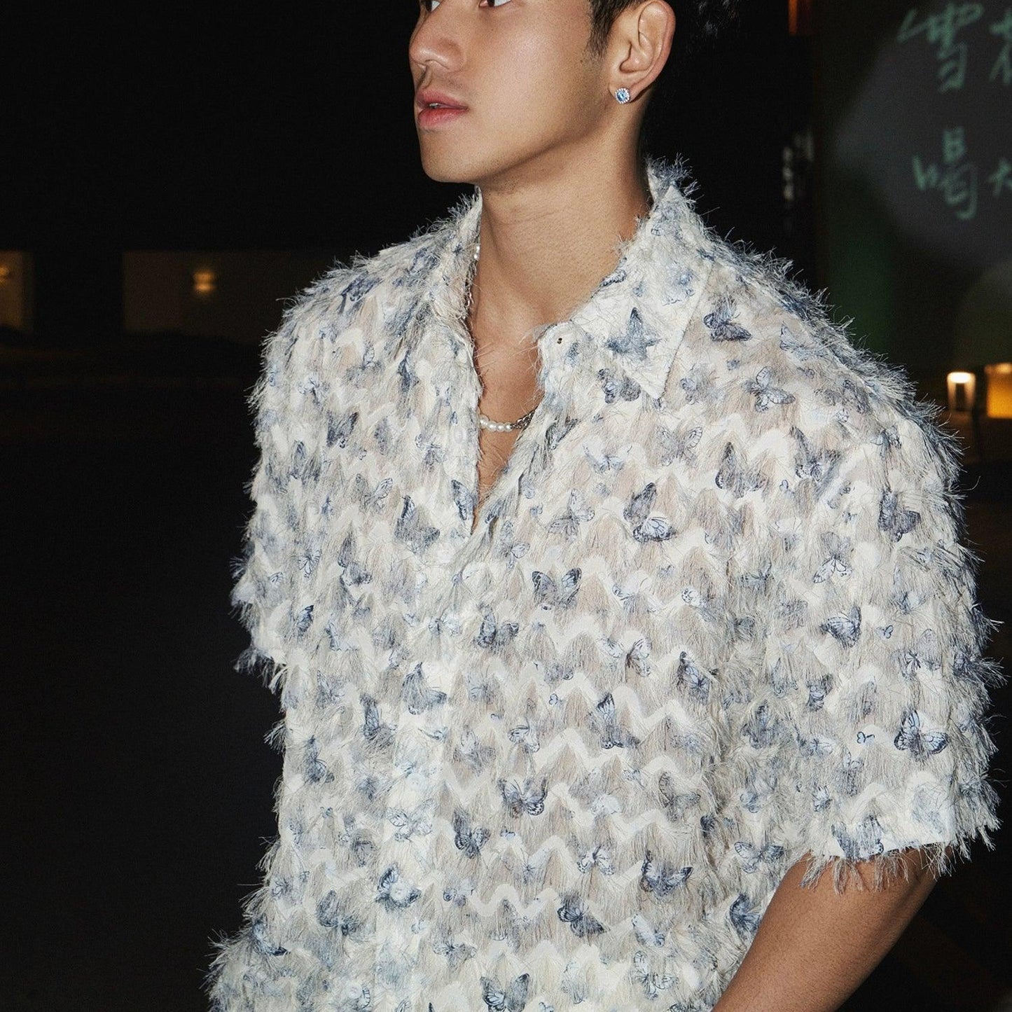 Textured Butterfly Print Short-Sleeve Shirt