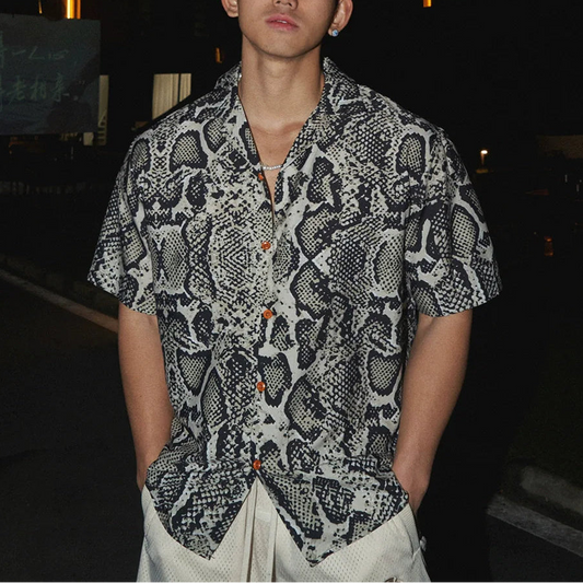 Short-Sleeve Snake Print Button-Up Shirt