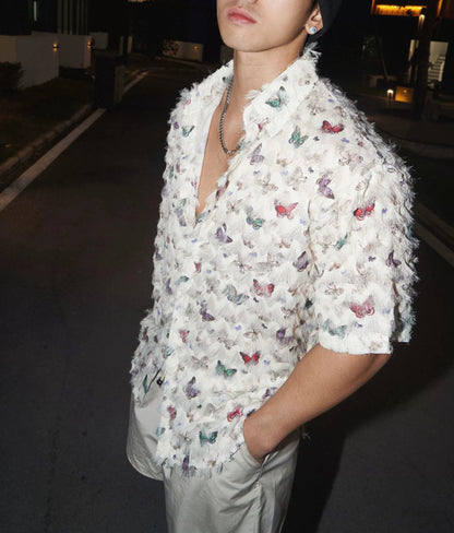 Textured Butterfly Print Short-Sleeve Shirt