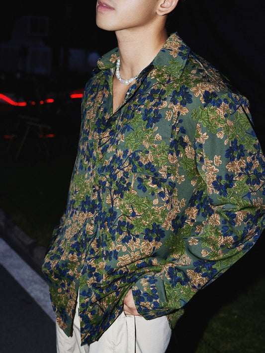 Green and Navy Floral Print Silk Shirt