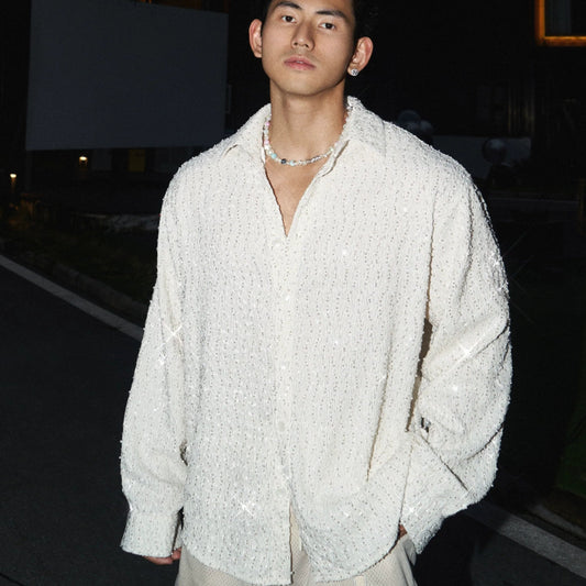 Oversized White Textured Button-Up Shirt