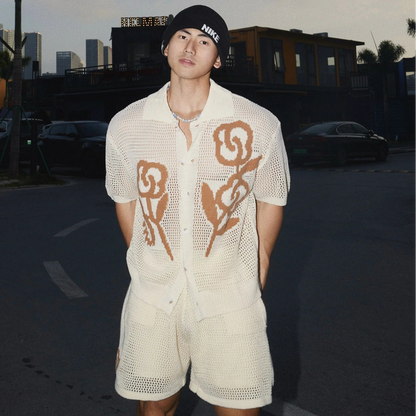 Cream Mesh Print Sweater and Shorts Set