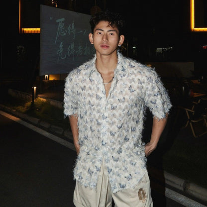 Textured Butterfly Print Short-Sleeve Shirt