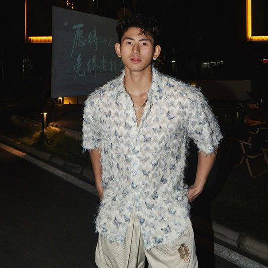 Textured Butterfly Print Short-Sleeve Shirt