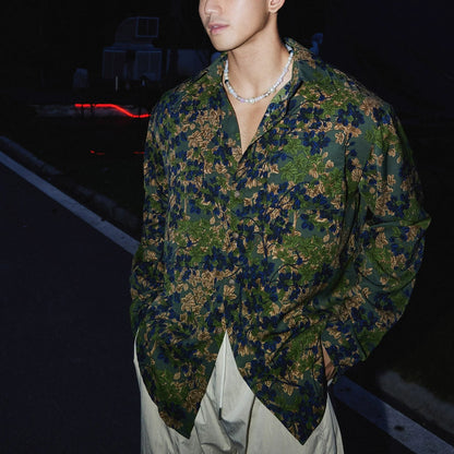 Green and Navy Floral Print Silk Shirt