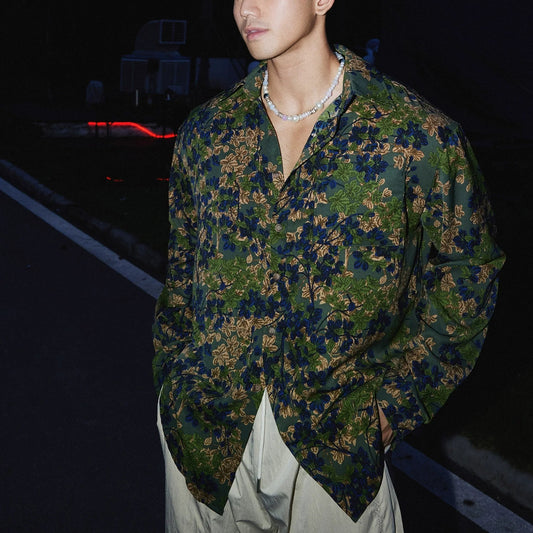 Green and Navy Floral Print Silk Shirt