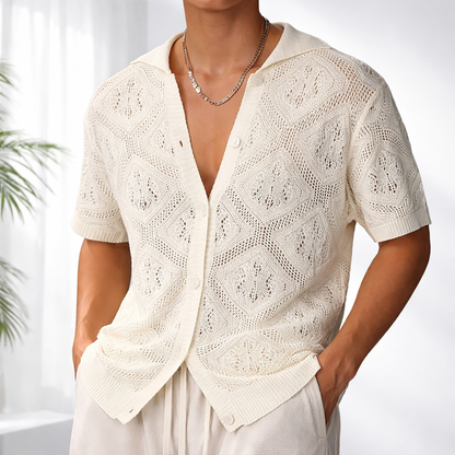 White Crochet-Style Button-Up Shirt