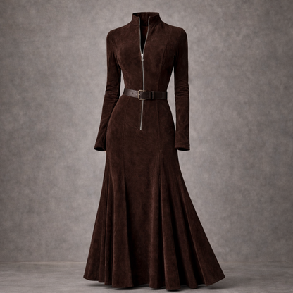 Noir Suede Belted Maxi Dress